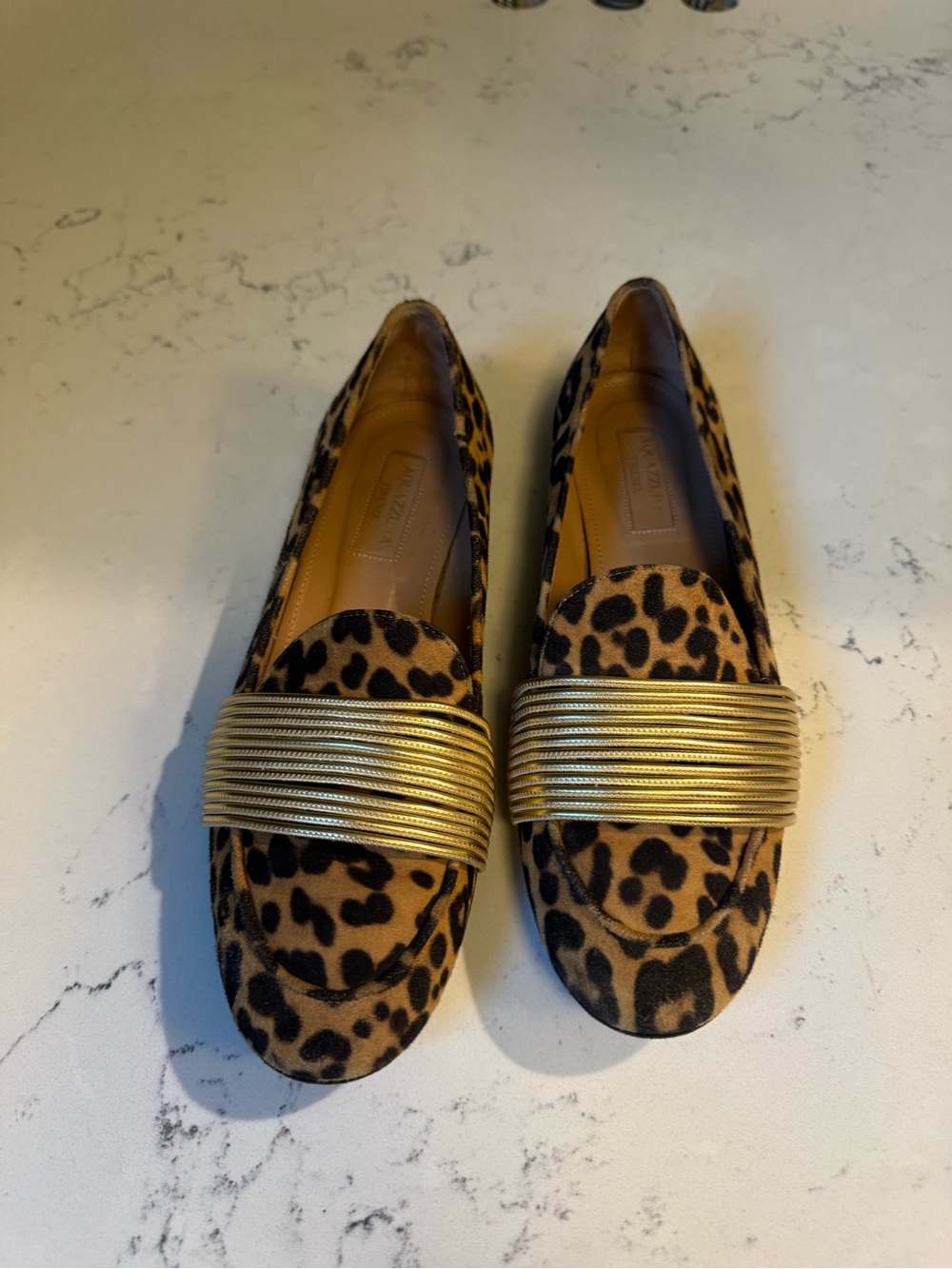 Aquazzura Leopard Print Loafers with Gold Strap in Size 35